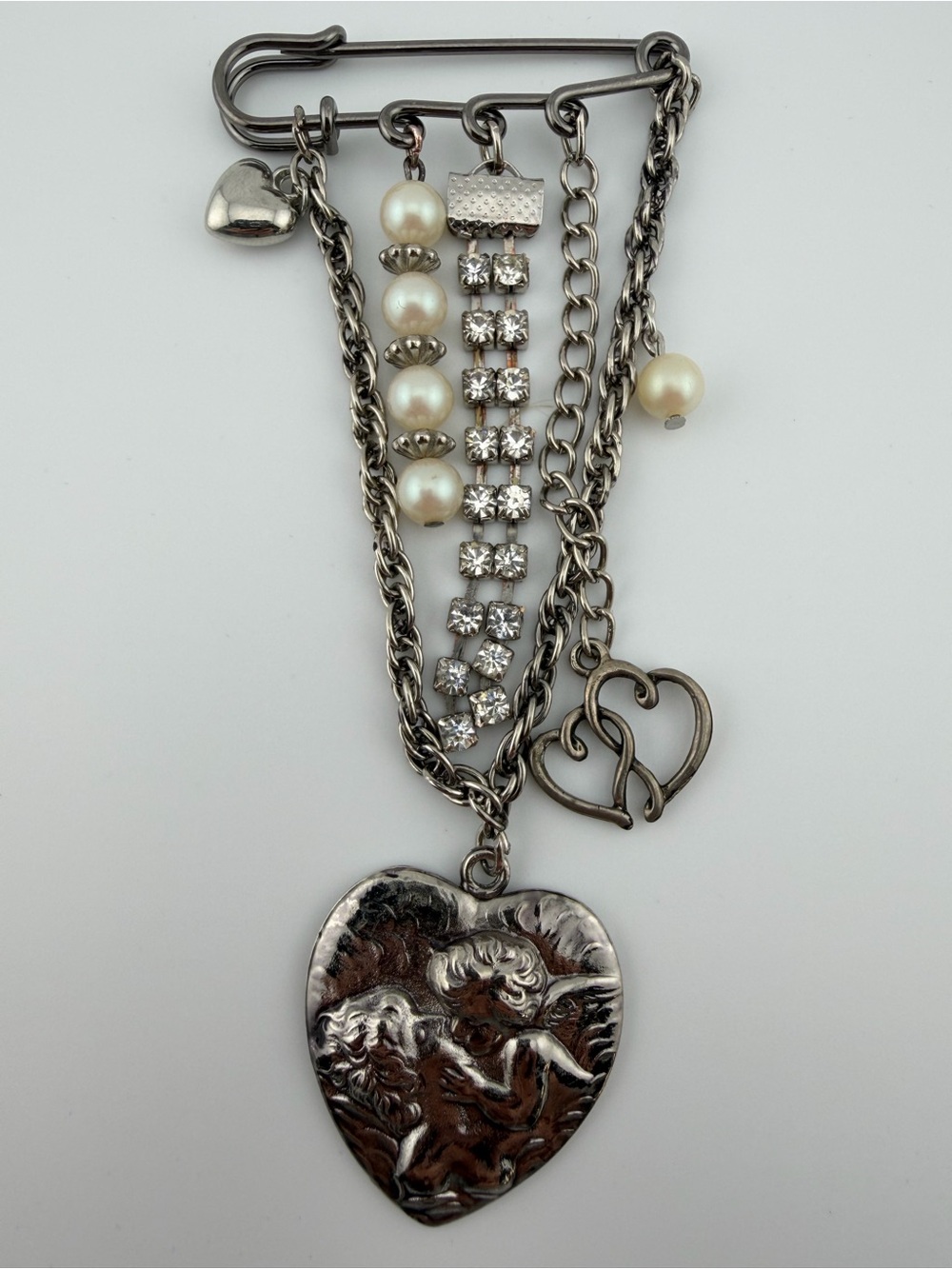 Silver-Tone Heart Charm Multi-Chain pin Brooch with Pearls and Rhinestones
